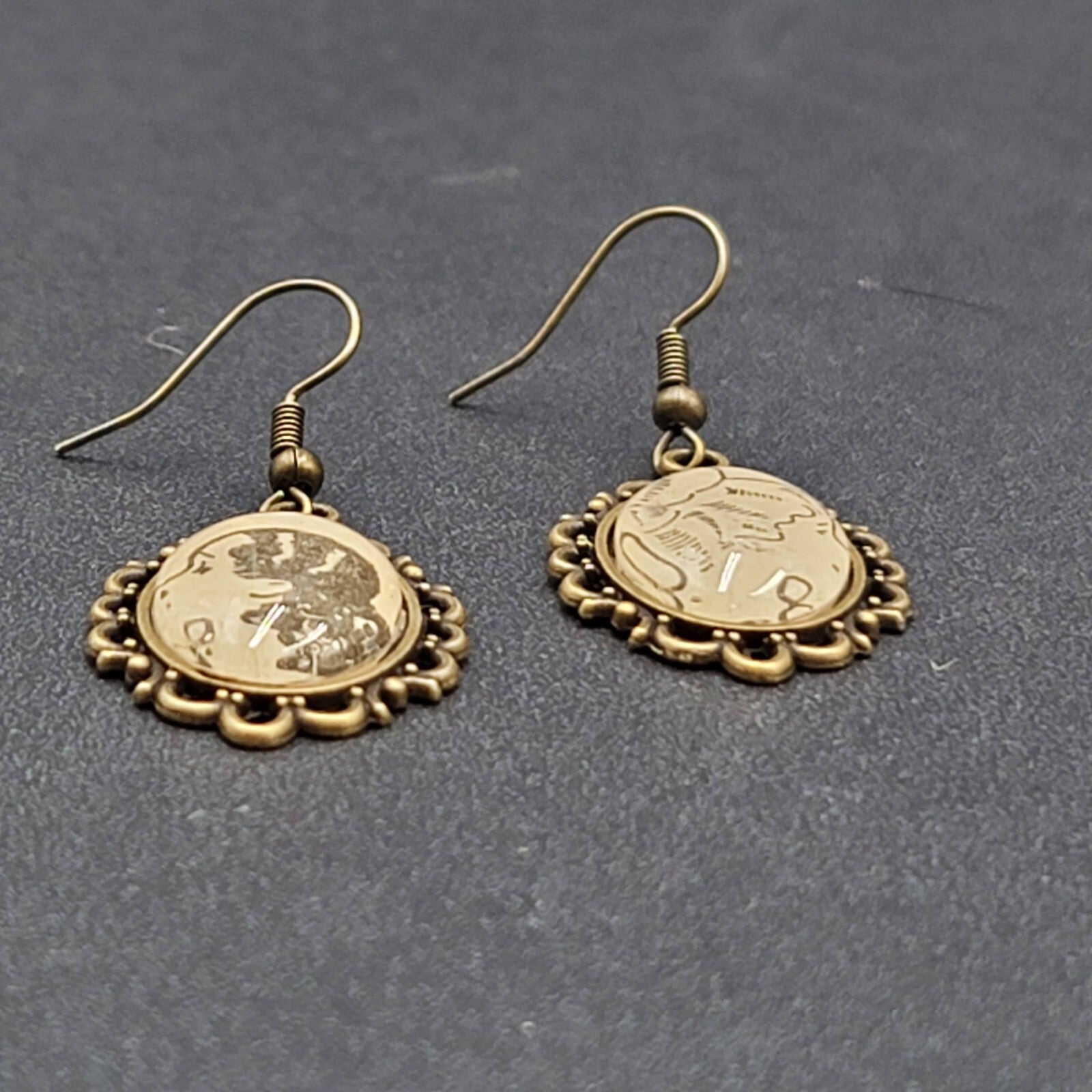 Pierced Earrings Bronze tone Glass Cabochon Updo Ladies Antique Drawings 1.25"