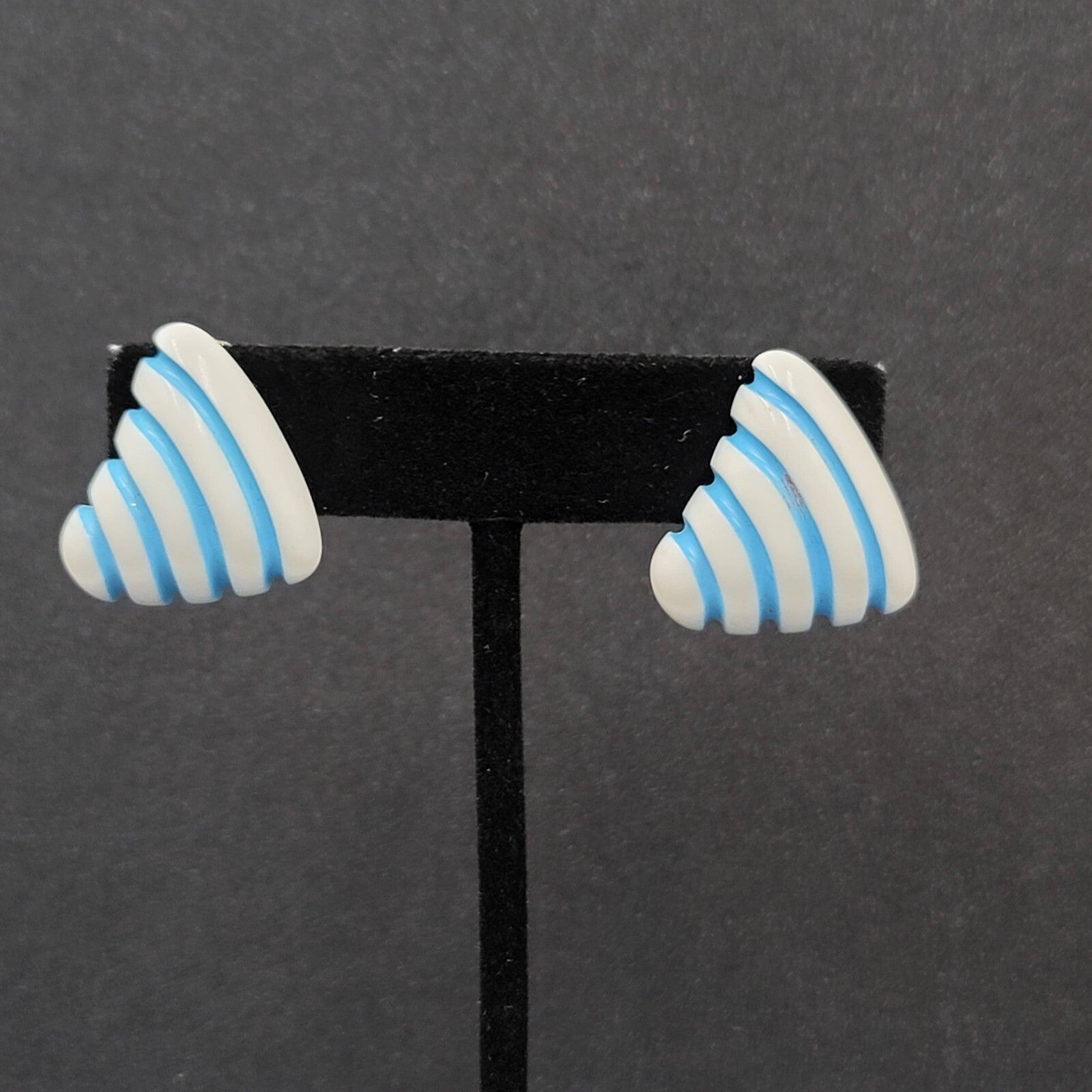 Vintage Clip on Earrings Acrylic White Blue Triangle 1"