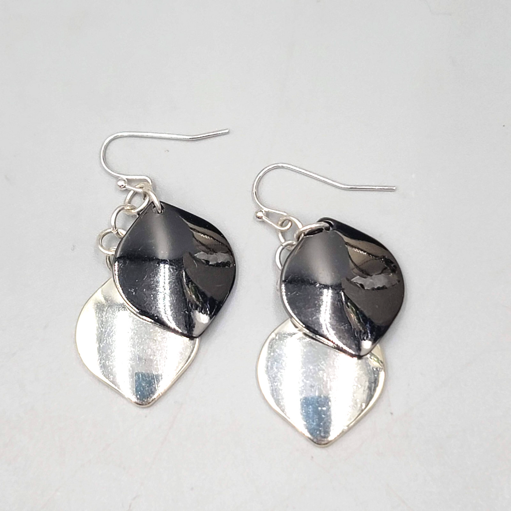Pierced Earrings Gunmetal and Silver tone Layered Dangle 1.5"