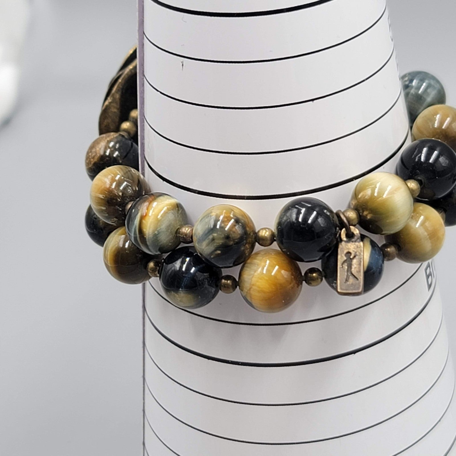 Agate Stone Bead Double Strand Bracelet Bronze tone Signed Elastic