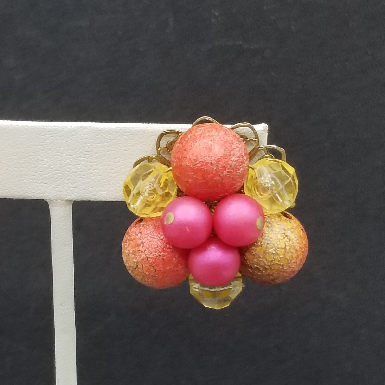 Vintage Clip On Pink Acrylic Bead Cluster Stud 1 1/4"