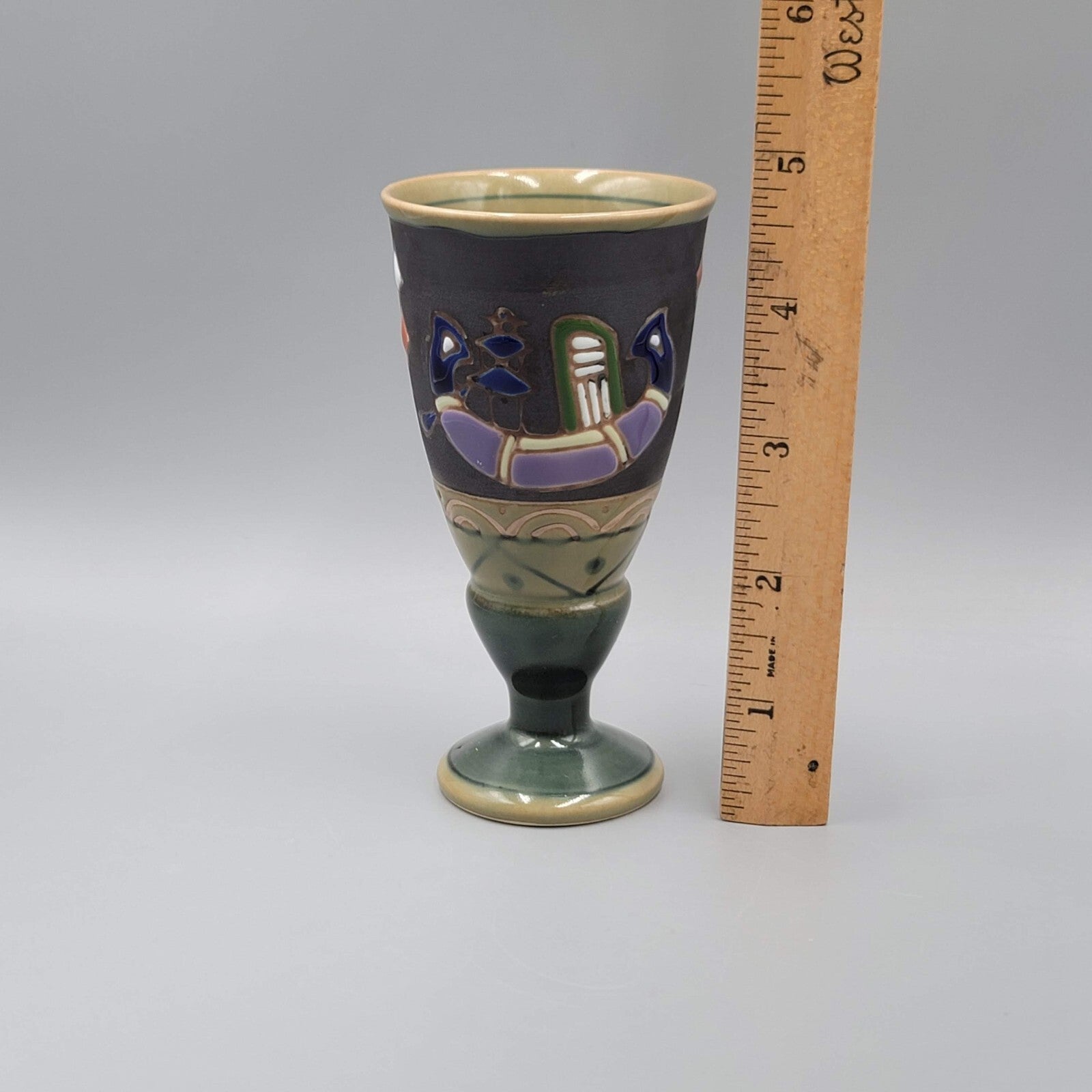 Vintage Ceramic Glazed Stoneware Pedestal Goblet Multicolor 4.75"
