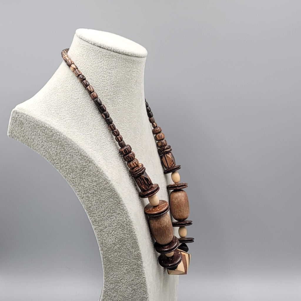 Vintage Large Wood and Coconut Bead Statement Necklace 24"