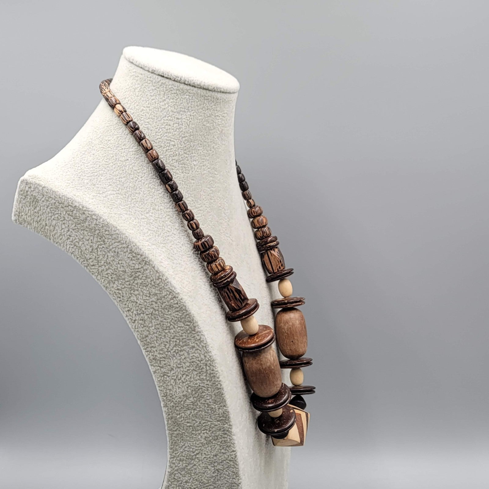 Vintage Large Wood and Coconut Bead Statement Necklace 24"