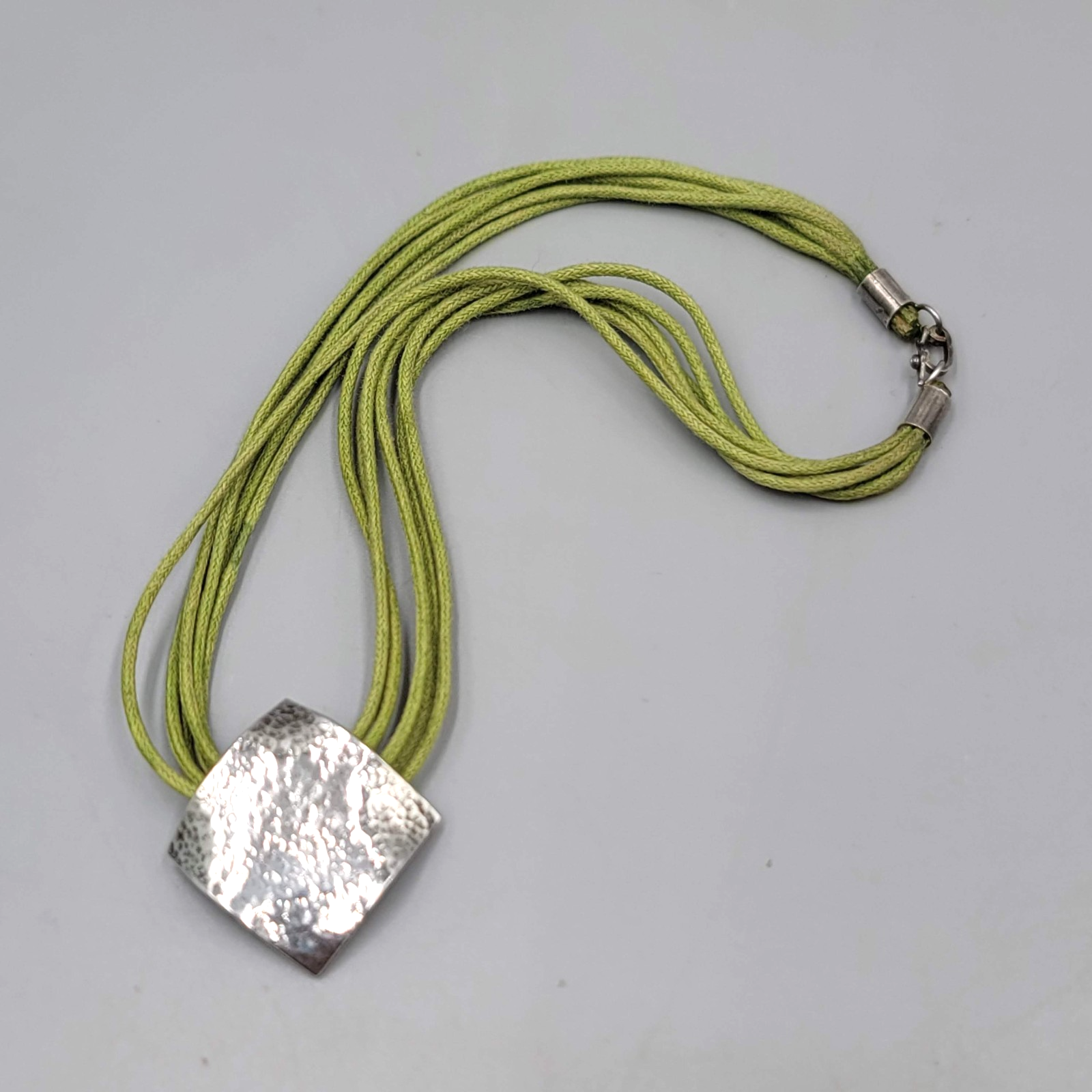 Hammered Square Sterling Silver Pendant Necklace Green Cord Chocker 14"
