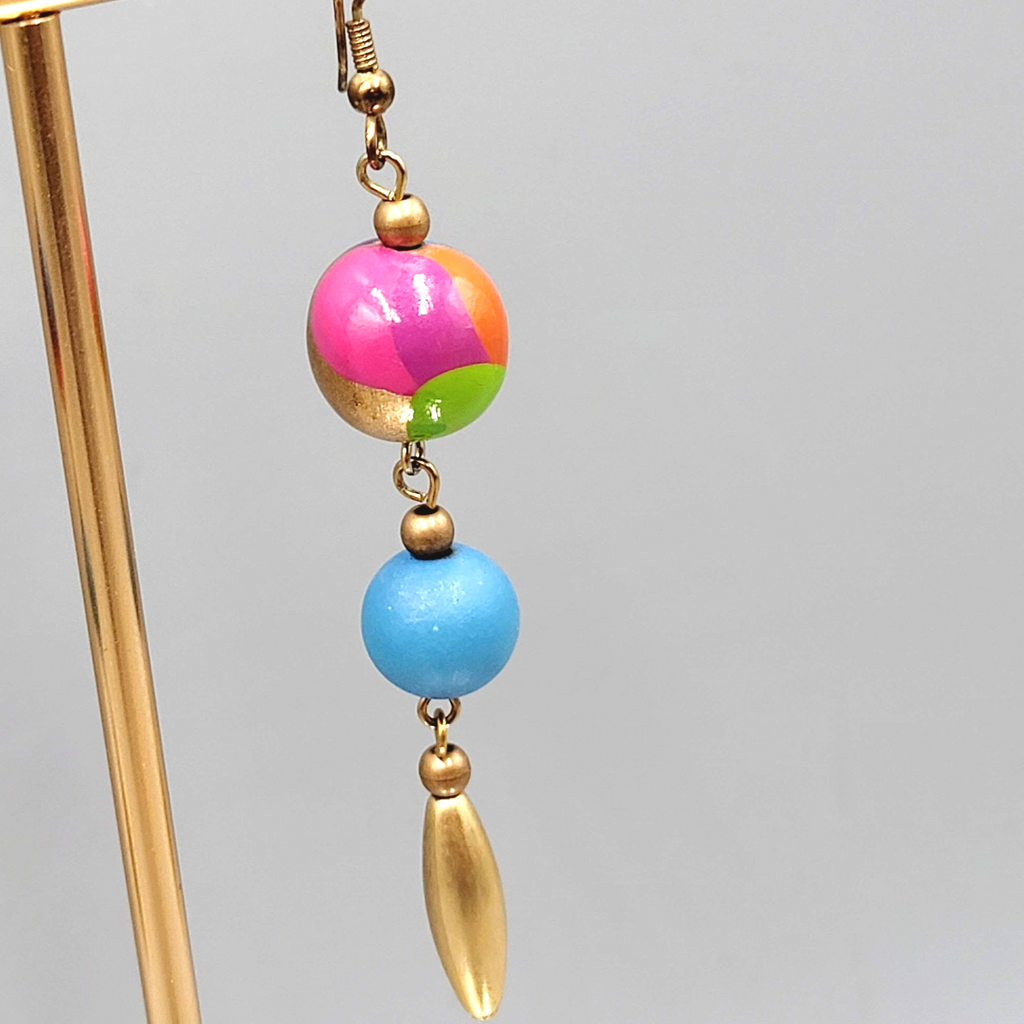 Long Pierced Earrings Hand Painted Bead Gold tone Dangle 2.75"