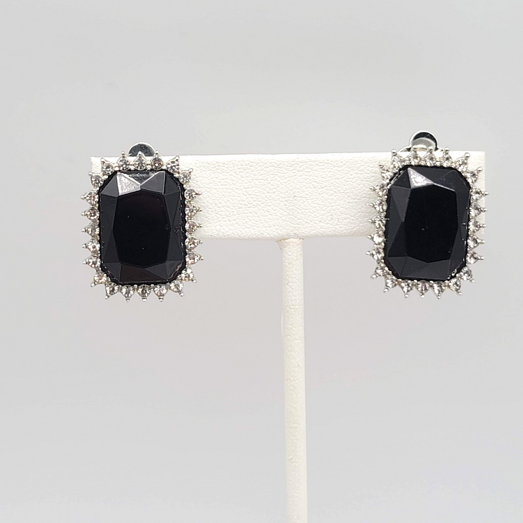 Vintage Faceted Black Glass Clip on Earrings Silver tone 1 in