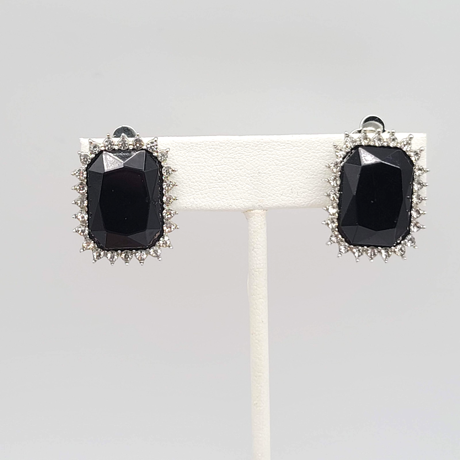 Vintage Faceted Black Glass Clip on Earrings Silver tone 1 in