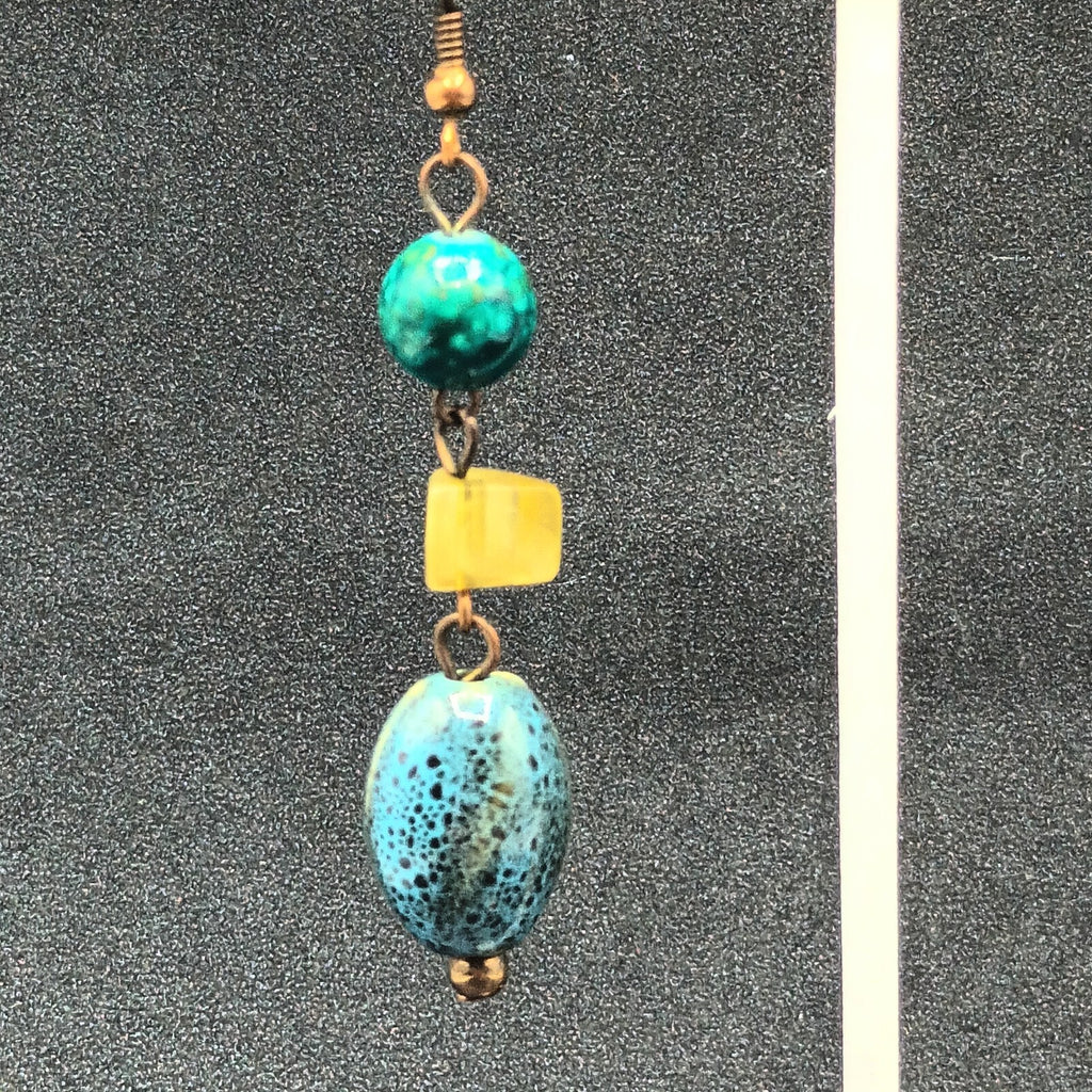 Pierced Earrings Blue Green Art Pottery Beaded Statement Dangle 2"