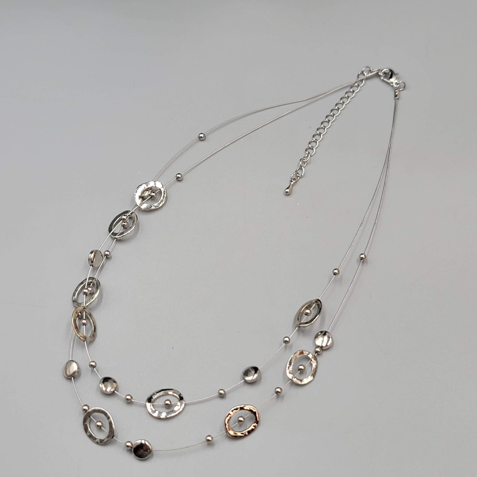 Double Chain Silver tone Necklace Station Bead 18"+