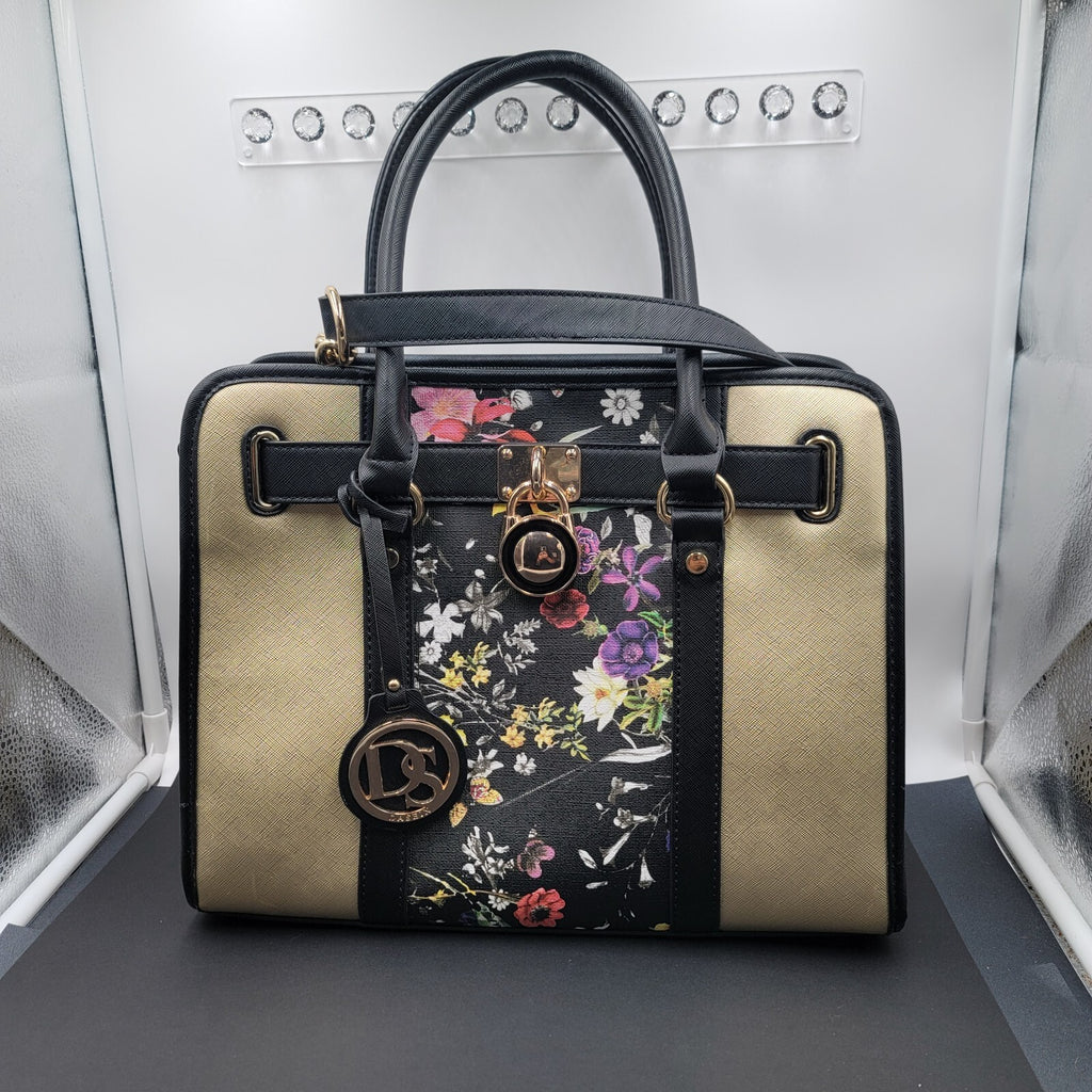 Dasein Womens Fashion Large Faux Leather Satchel Handbag Floral Black Gold tone