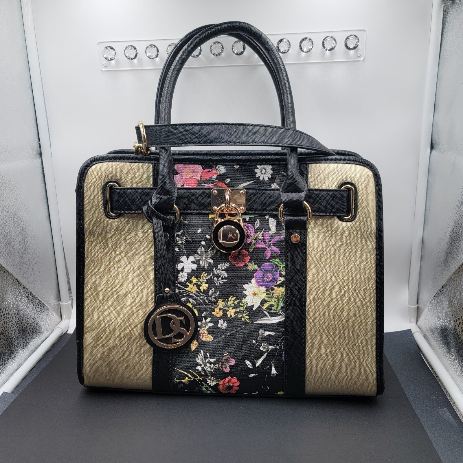 Dasein Womens Fashion Large Faux Leather Satchel Handbag Floral Black Gold tone