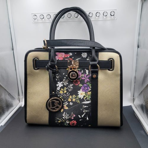 Dasein Womens Fashion Large Faux Leather Satchel Handbag Floral Black Gold tone