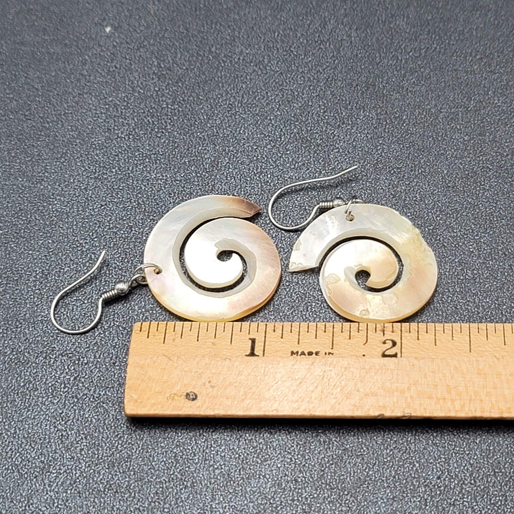 Pierced Earrings Silver tone Mother of Pearl Hand Carved Spirals  1.25"