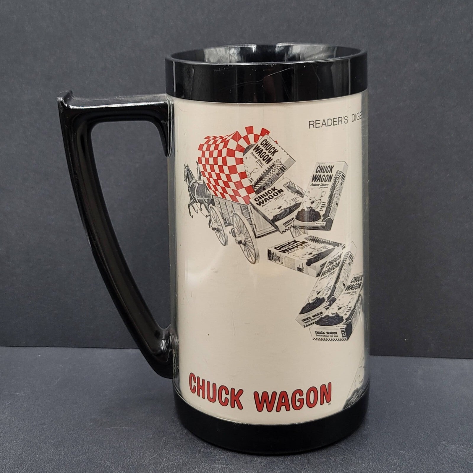 Vintage Thermo Serve Coffee Tumbler Cup CHUCK WAGON Dog Advertising Magazines