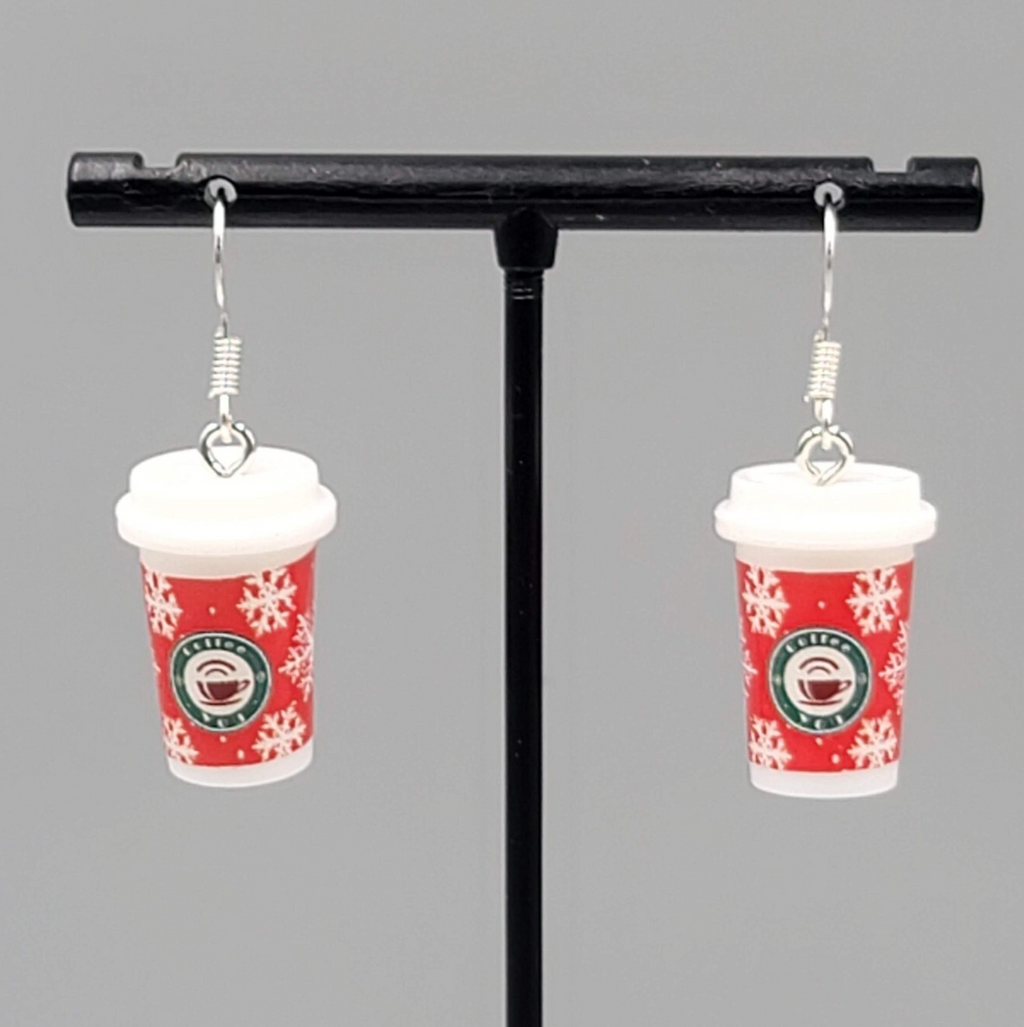 Holiday Cup Pierced Earrings Coffee Hot Cocoa Snowflakes Dangle 7/8" NEW