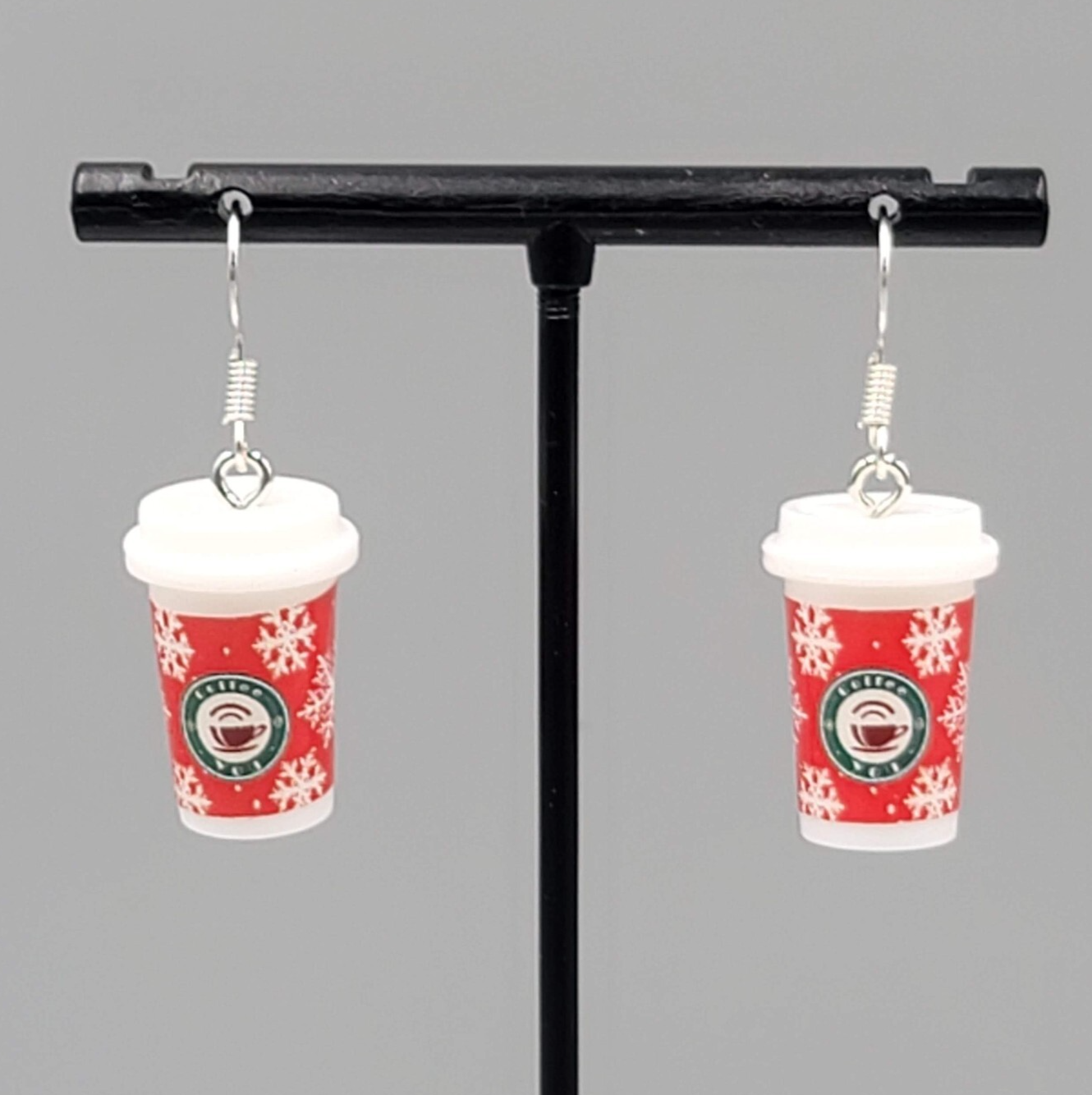 Holiday Cup Pierced Earrings Coffee Hot Cocoa Snowflakes Dangle 7/8" NEW