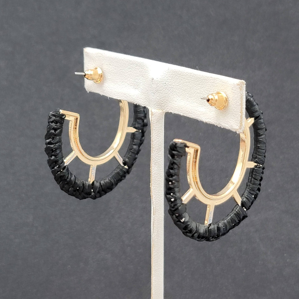 Pierced Earrings Gold tone Black String Wrapped Drop Hoops 1 5/8"