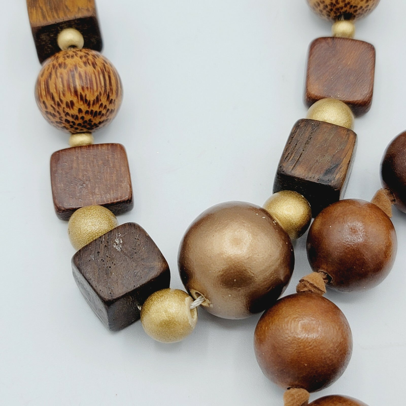 Vintage Wood Jewelry Lot 3 Necklaces and 1 Bangle Brass Inlay Bracelet