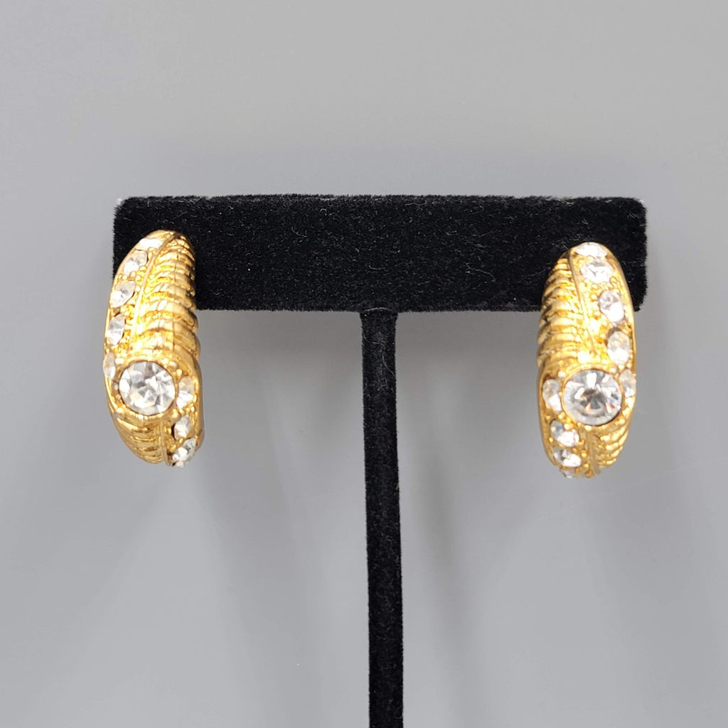 Half Hoop Rhinestone Pierced Earrings Gold tone Dangle Statement 1.25 in