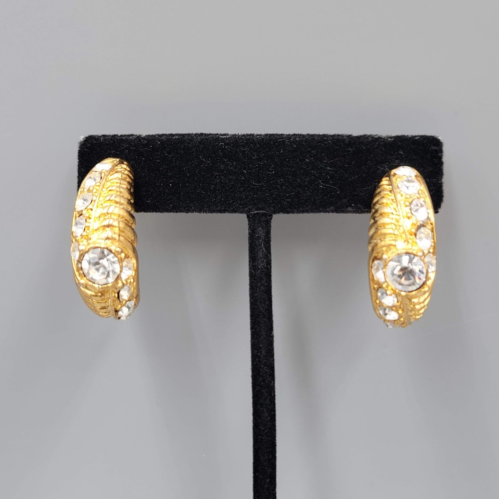 Half Hoop Rhinestone Pierced Earrings Gold tone Dangle Statement 1.25 in