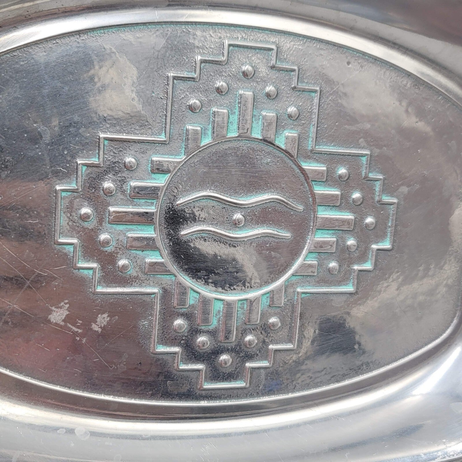 Wilton Armetale Zia Pewter Bread Tray Southwest Turquoise Dish USA 9”x 6”