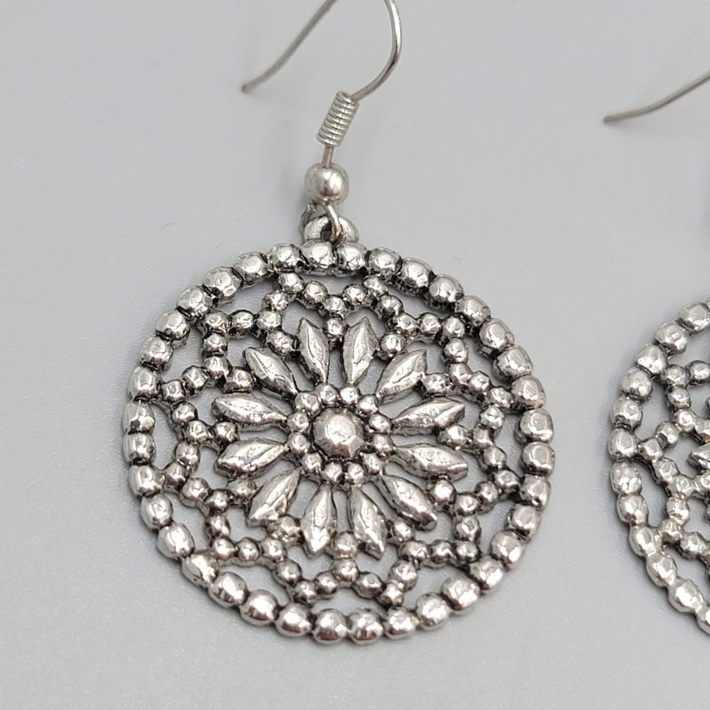 Open Work Flower Medallion Pierced Earrings Silver tone Dangle 1.25 in