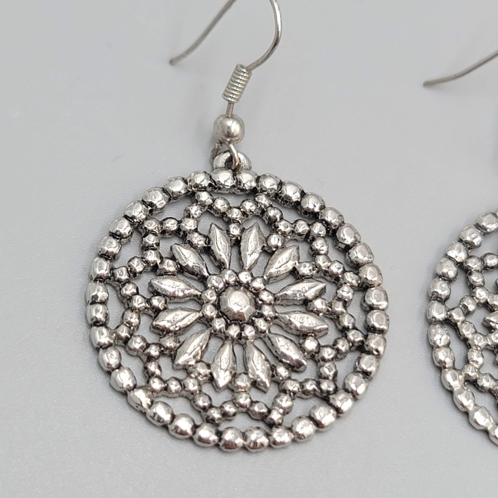 Open Work Flower Medallion Pierced Earrings Silver tone Dangle 1.25 in