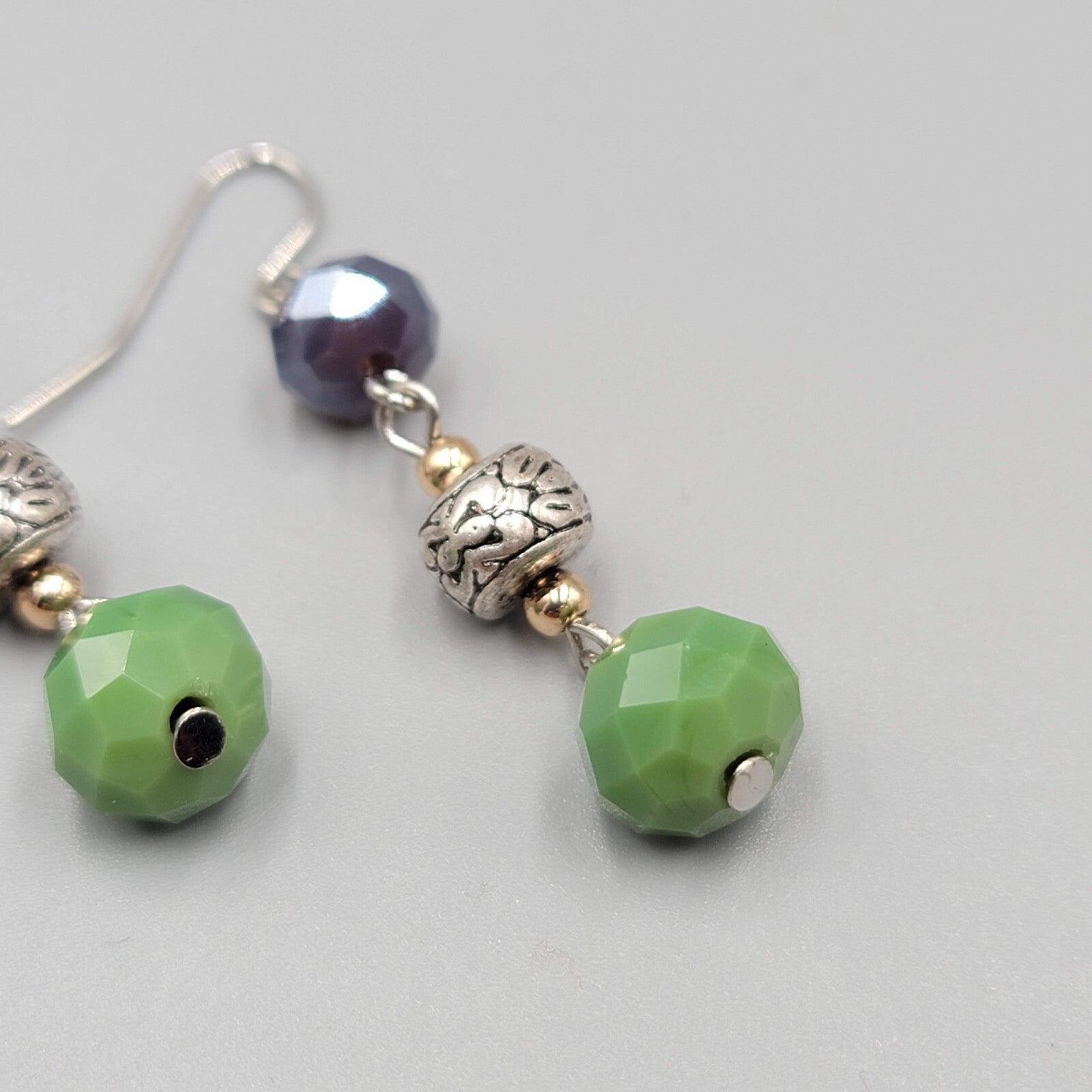 Pierced Earrings Silver tone Purple Green Glass Beads Dangle 1.5"