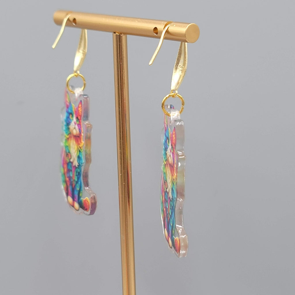Rainbow Cat Pierced Earrings Multicolor  Acrylic Dangle Gold tone Hook 1.5"