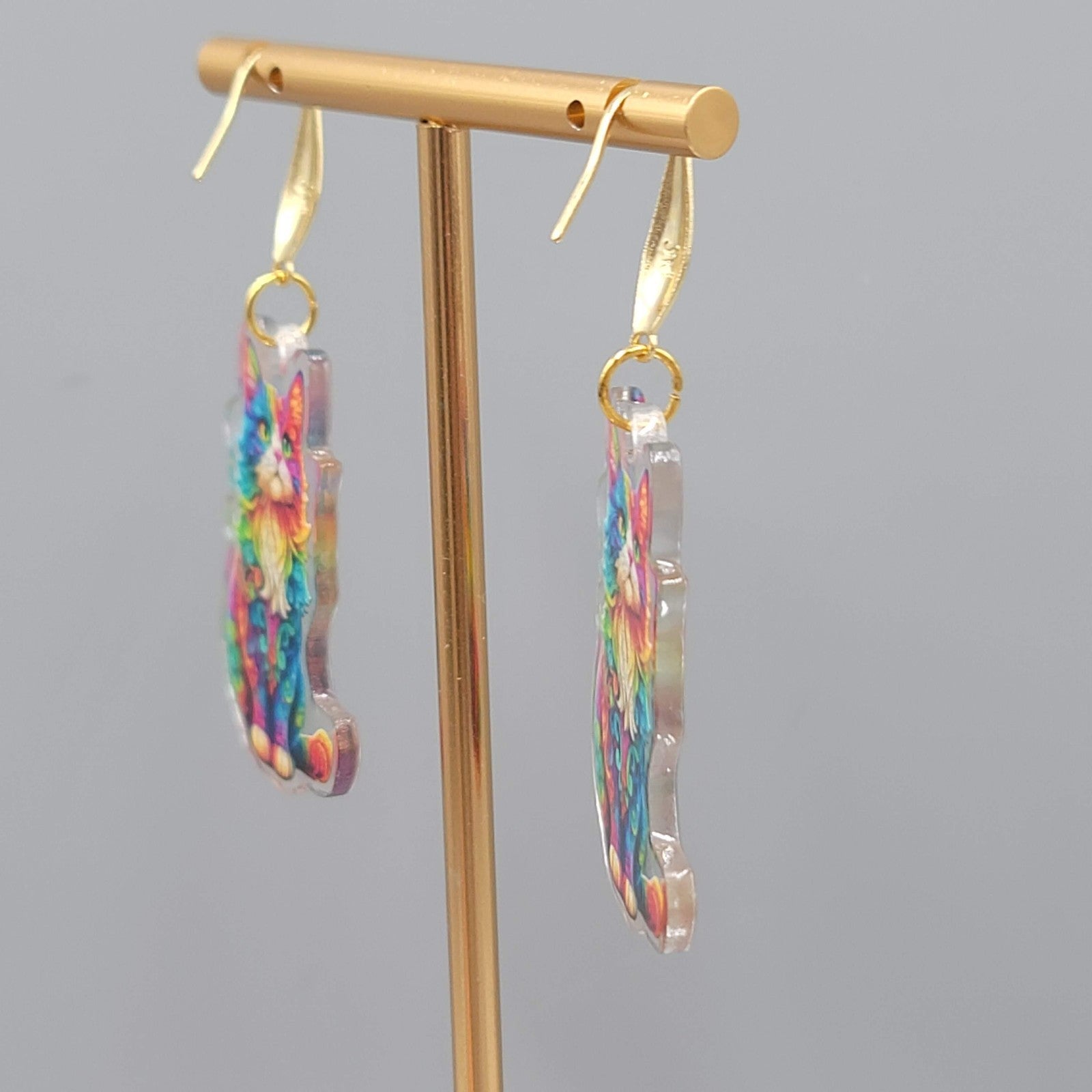 Rainbow Cat Pierced Earrings Multicolor  Acrylic Dangle Gold tone Hook 1.5"