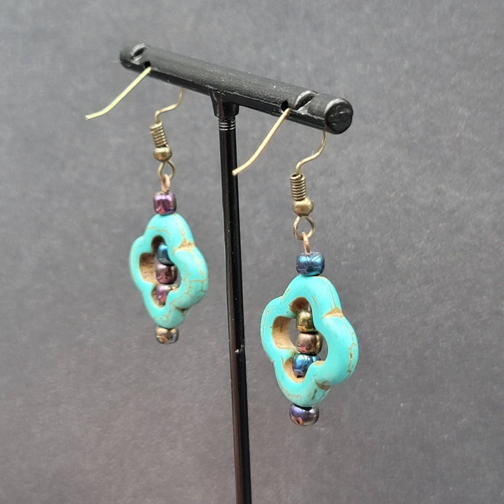 Pierced Earrings Dyed Blue Howlite Open Work Bead Dangle  1 1/8"