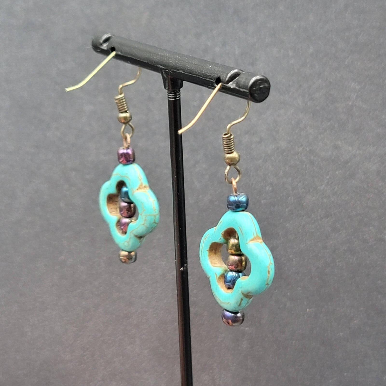 Pierced Earrings Dyed Blue Howlite Open Work Bead Dangle  1 1/8"