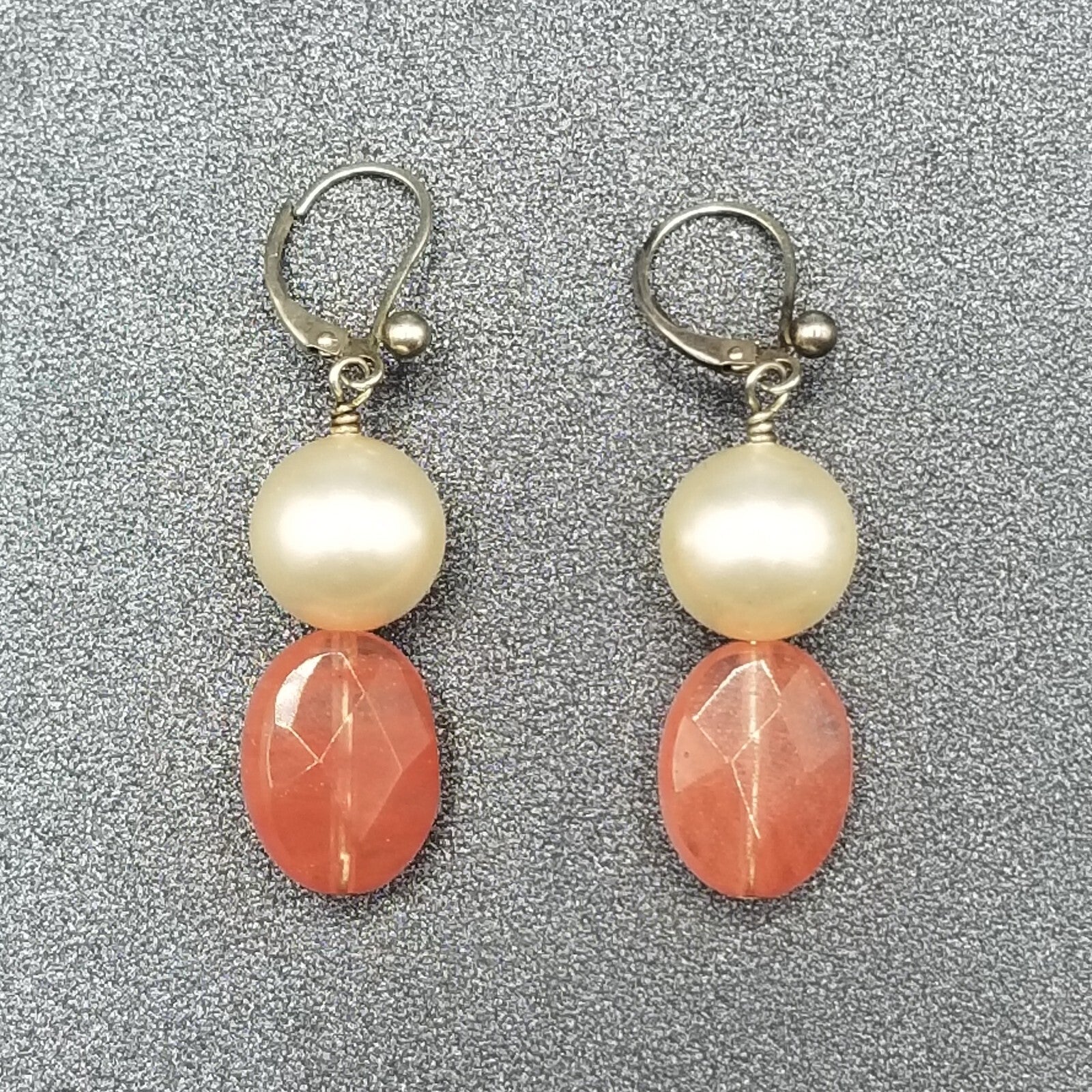 Pierced Earrings Silver tone Faux Pearl Faceted Quartz Beaded Dangle 1 1/4"