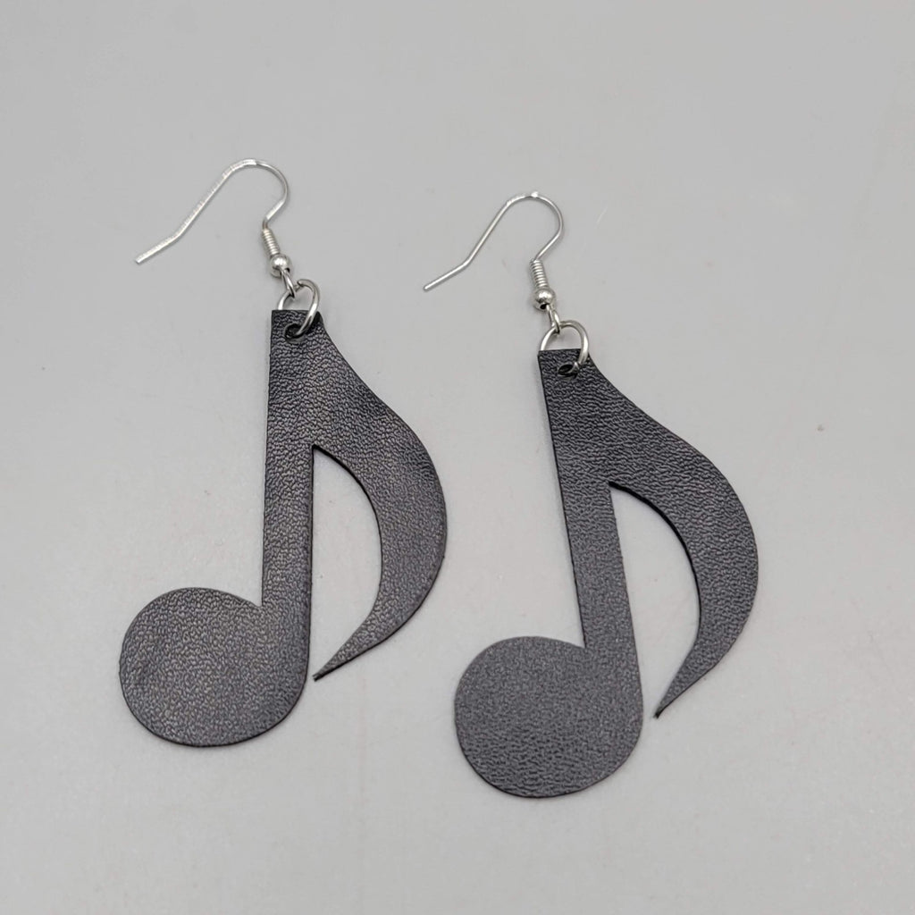 Eigth Note Black Faux Leather Music Pierced Earrings Silver tone Dangle 2"
