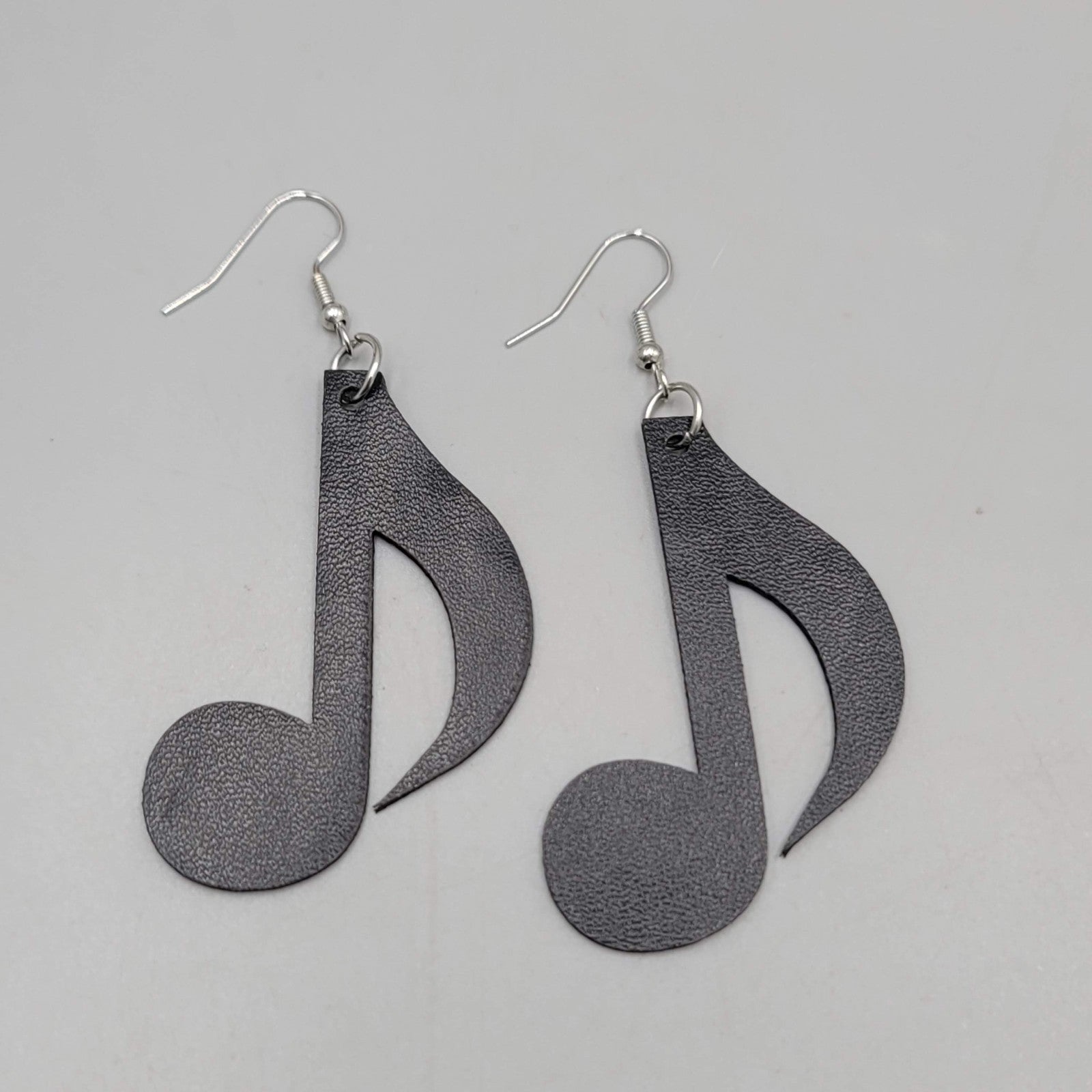 Eigth Note Black Faux Leather Music Pierced Earrings Silver tone Dangle 2"