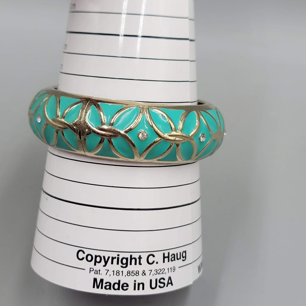Dress Barn Bracelet NWT Teal Enamel Crystal Hinged Bangle Gold tone 7 in