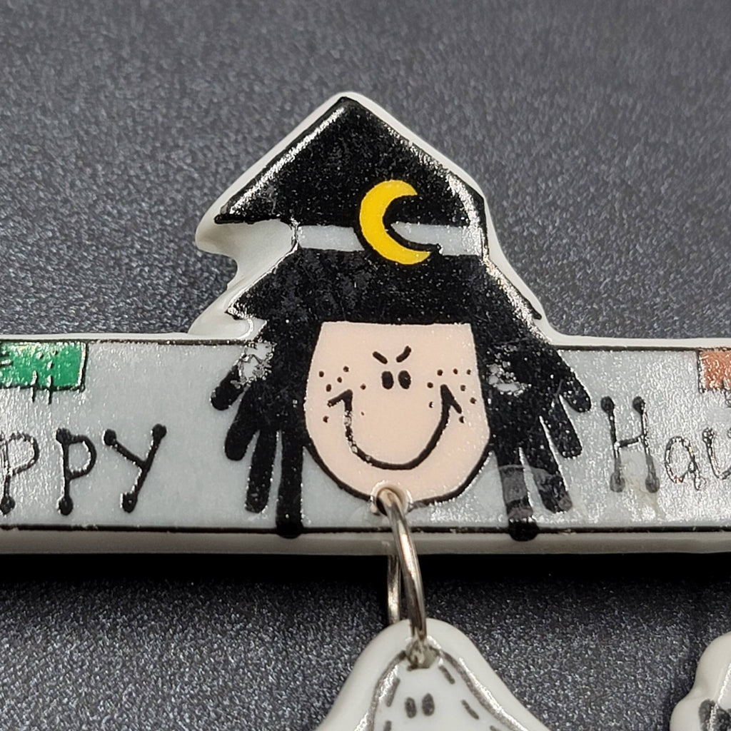 Vintage Halloween Brooch Ceramic Dangle Charms Happy Haunting 3 3/8"