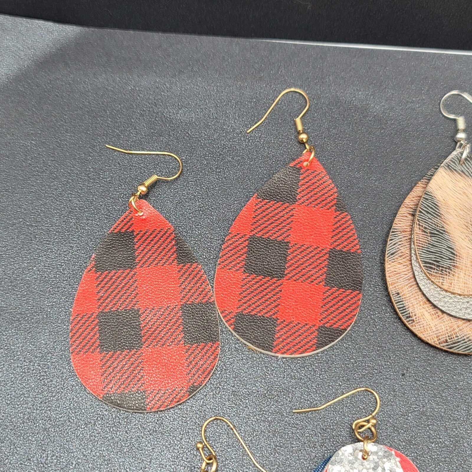 Lot of 9 Pierced Earrings Teardrop Dangle Multicolor Faux Leather Felt Denim