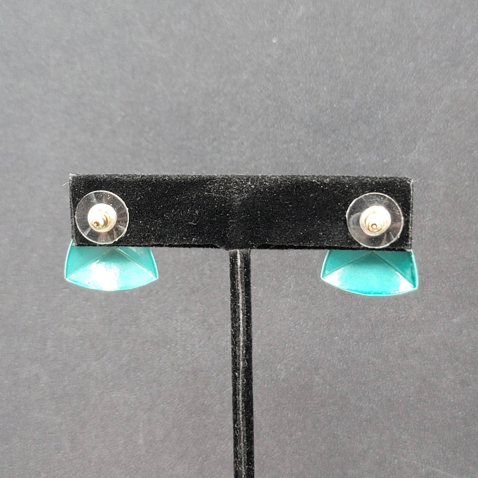 Vintage Pierced Earrings Teal Enamel over Metal Triangle Studs 3/4"