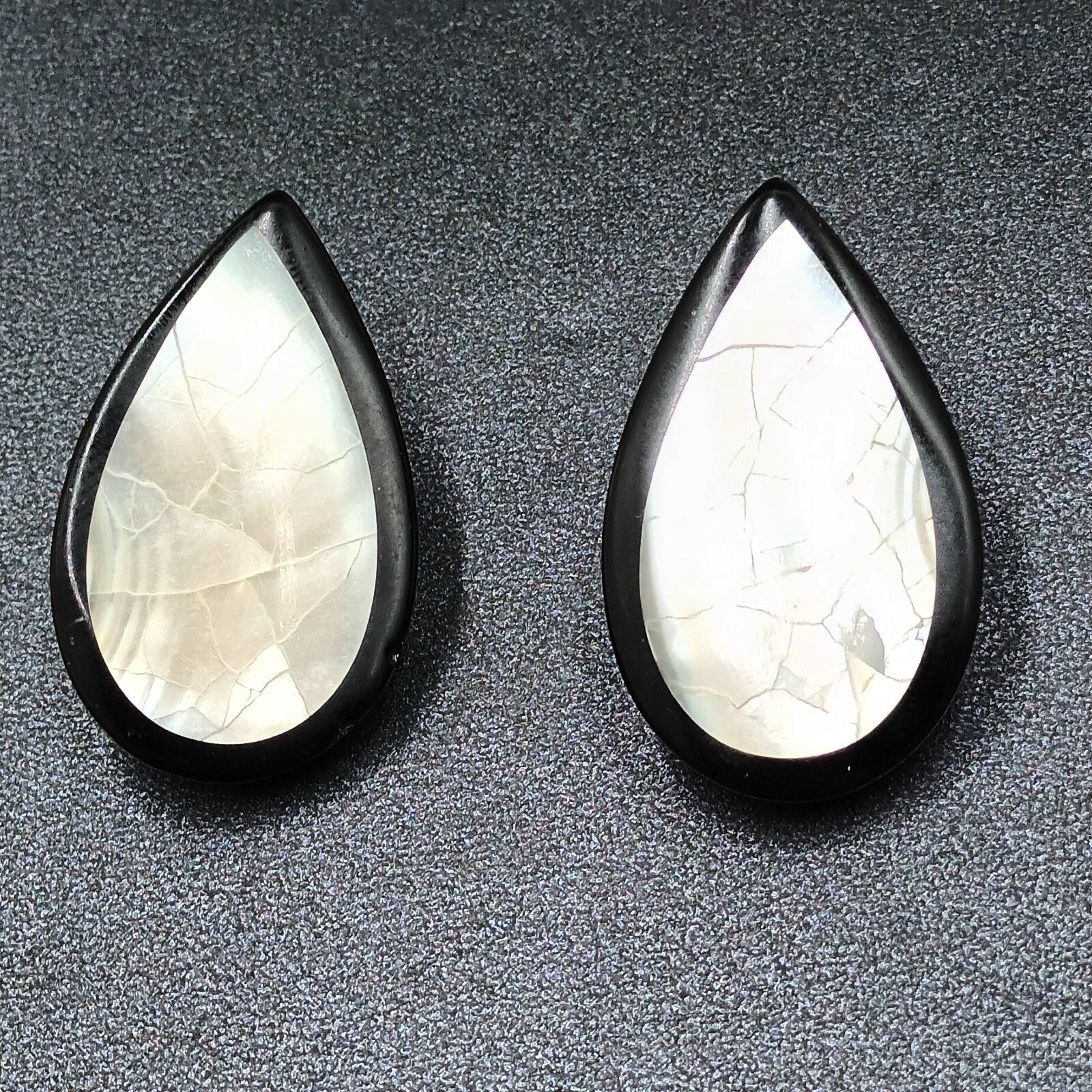 Vintage Pierced Earrings Mother of Pearl Inlaid Black Acrylic Teardrop Drop 1.5"