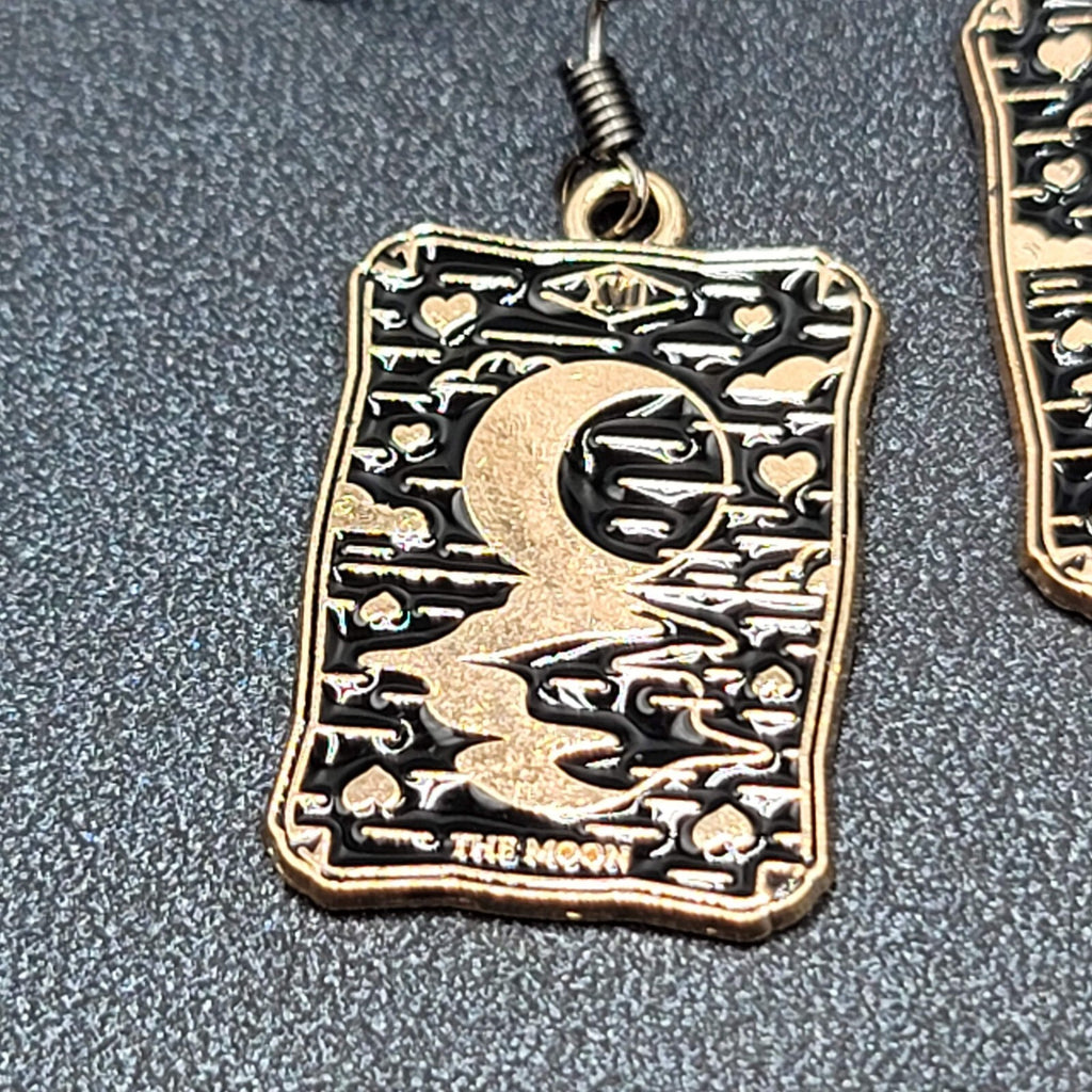 Tarot Card Pierced Earrings The MOON Gold tone Black 1"