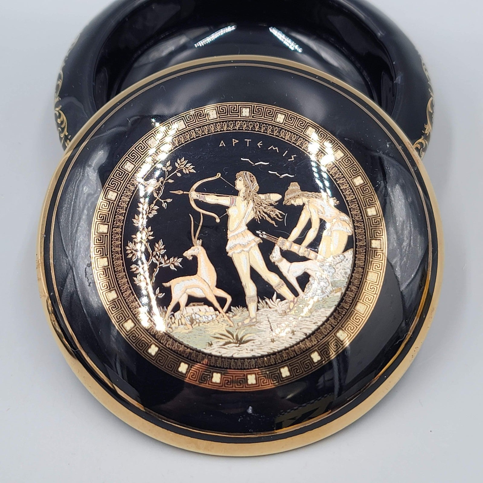 Fintias Greek Ceramic Lidded Trinket Jewelry Box Artemis Black 24K Gold Handmade