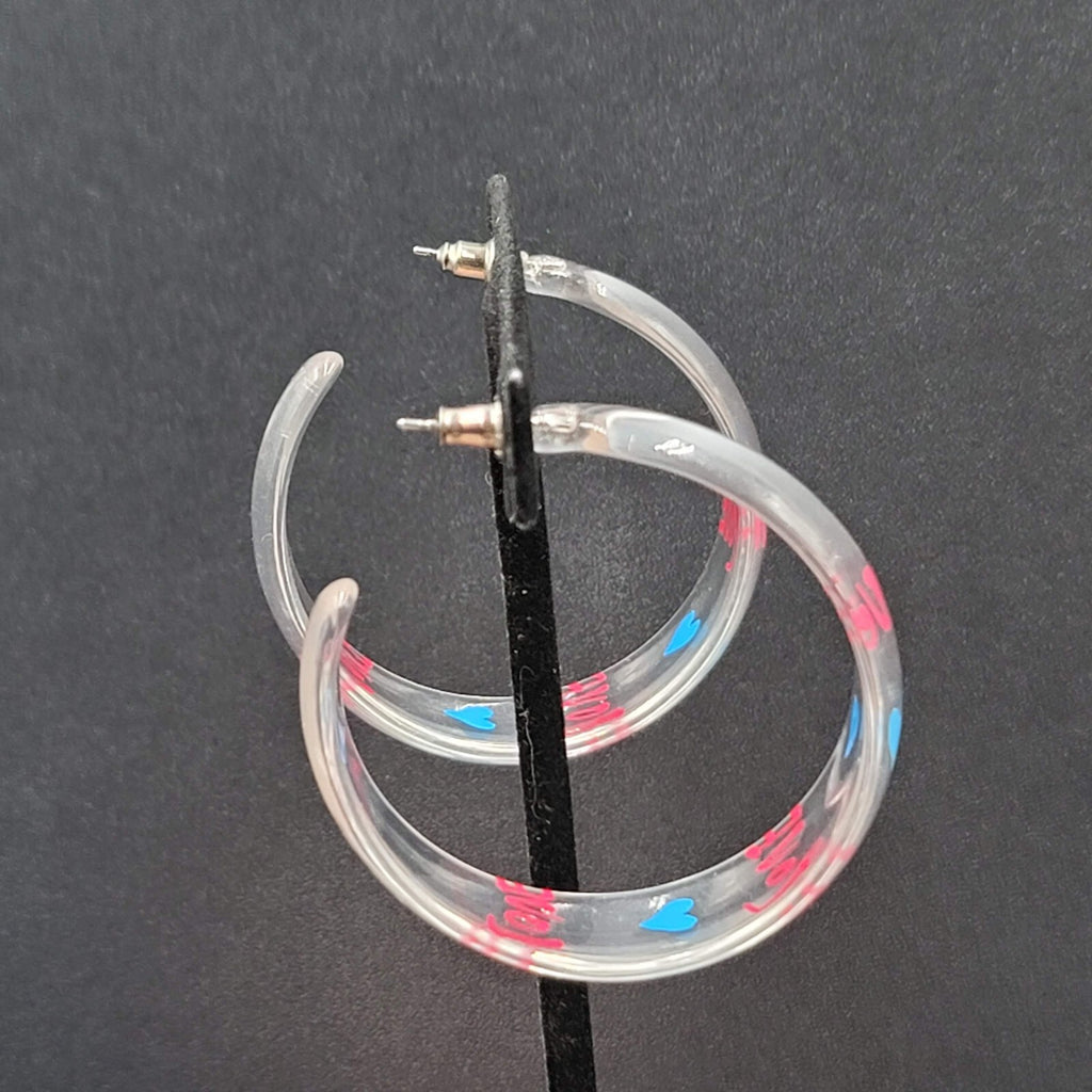 Pierced Earrings Clear Acrylic Large Hoops LOVE HEARTS 2"