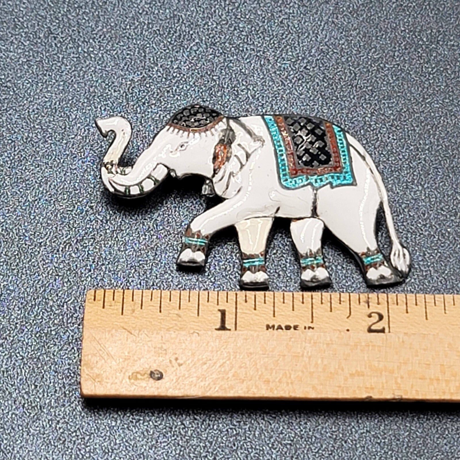 Vintage Sterling Silver Signed Elephant Brooch Enameled White Siam 2"