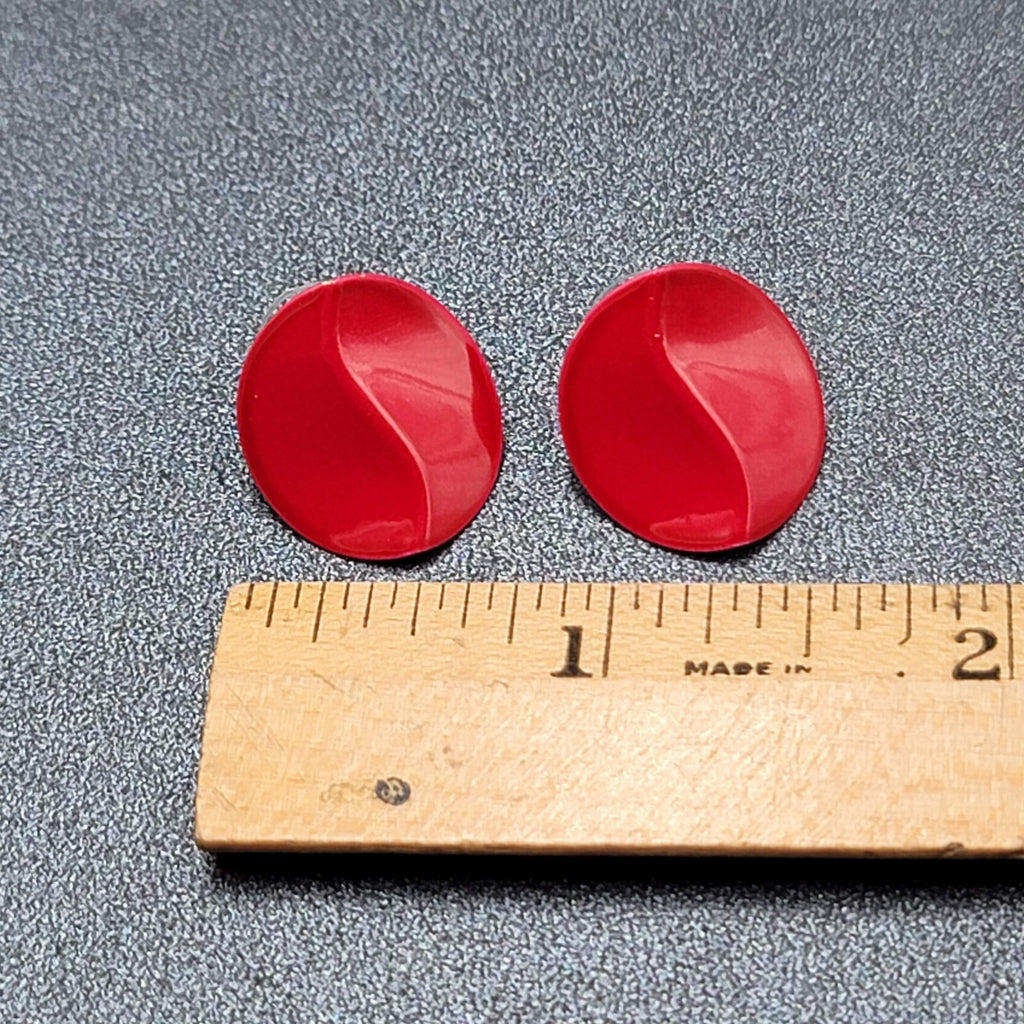 Vintage Pierced Earrings Red Enamel Crimped Round Studs 3/4"
