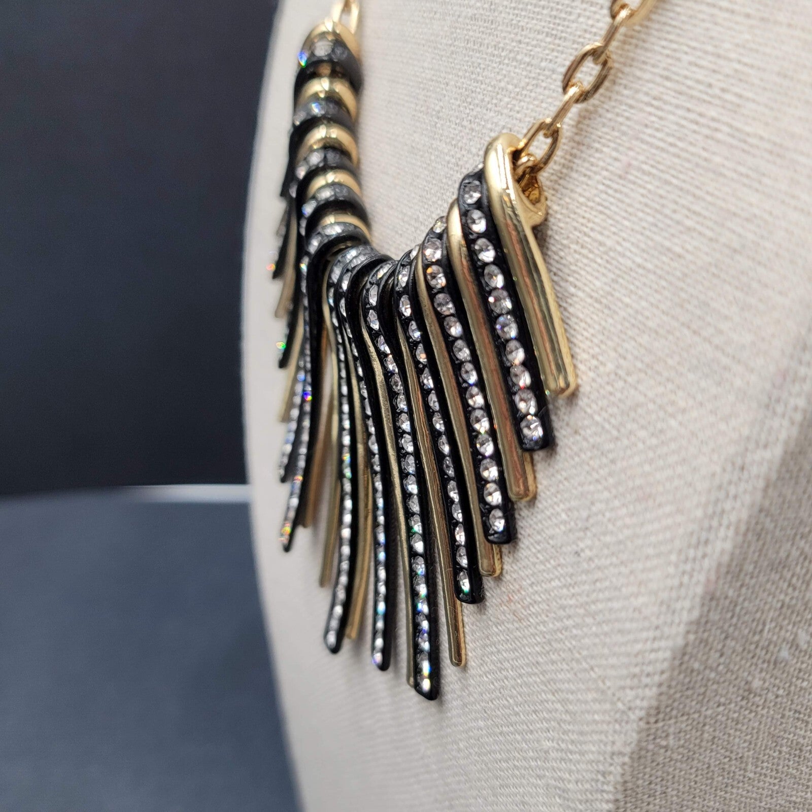 Gold Plated Black Enamel Crystal Rhinestone Bib Statement Necklace 17"-20"