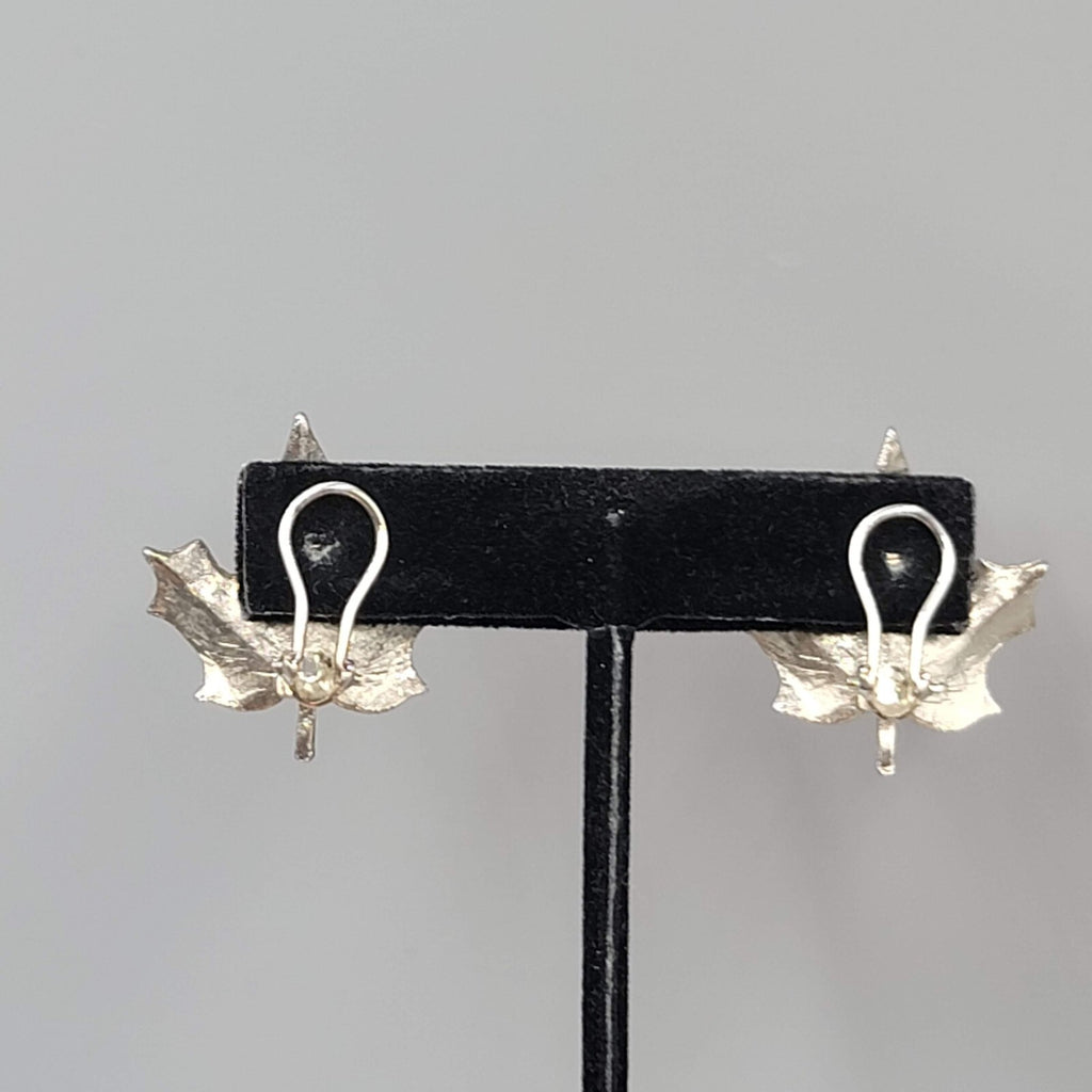 Vintage Leaf Clip on Earrings Brushed Textured Silver tone 1.25"
