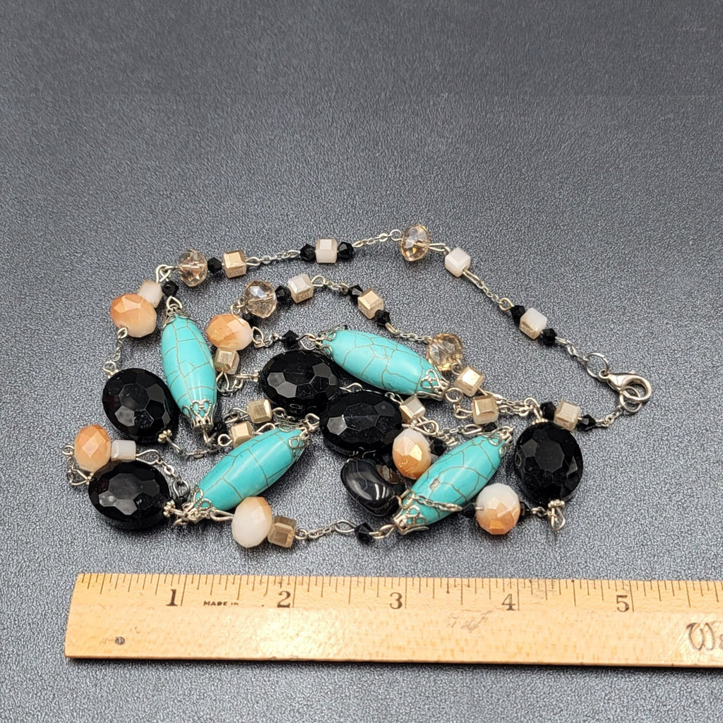 Blue Black White Stone Station Beaded Necklace Silver tone Layered  24"