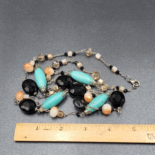 Blue Black White Stone Station Beaded Necklace Silver tone Layered  24"